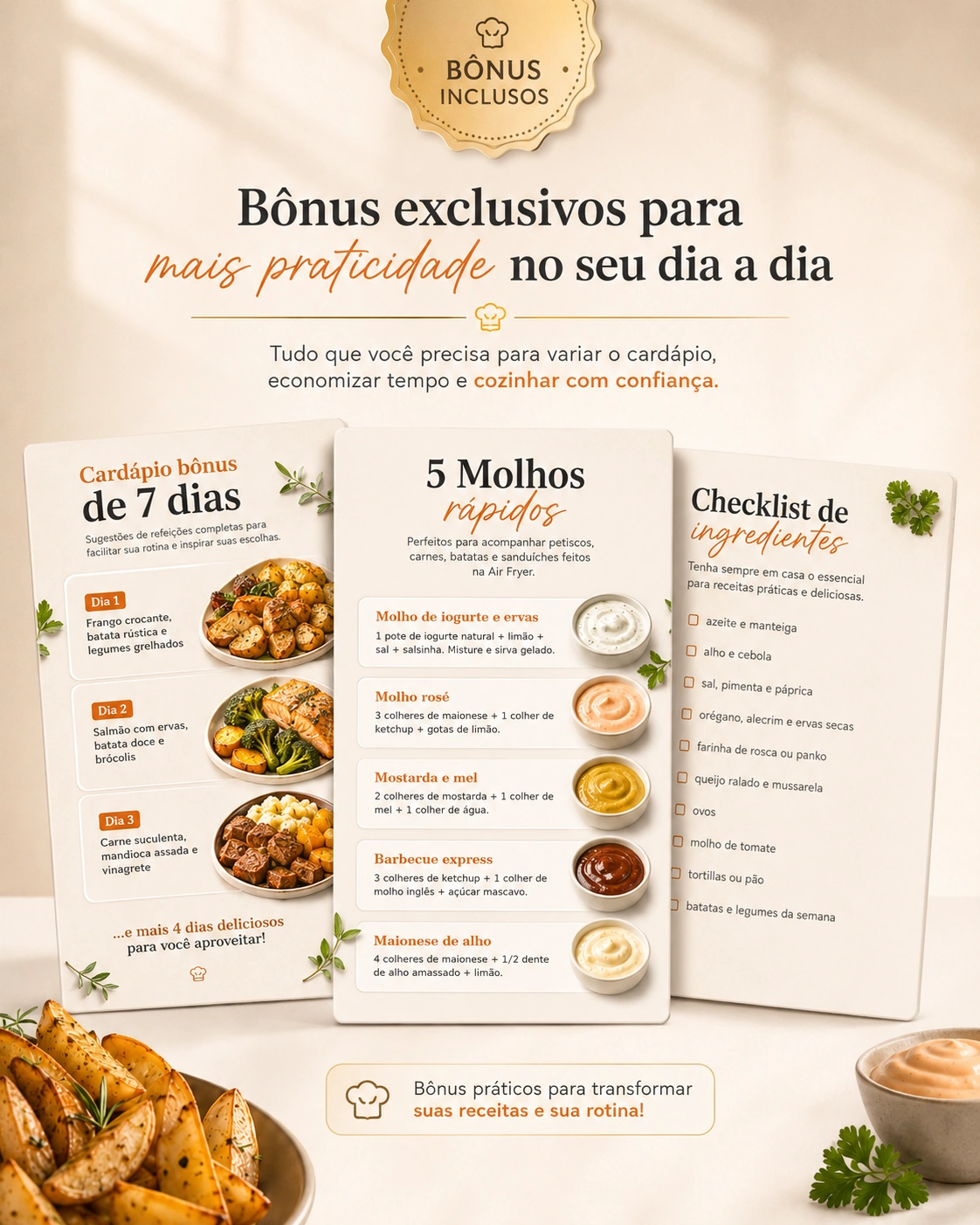Apresentação visual do cardápio de 7 dias, cinco molhos rápidos e checklist