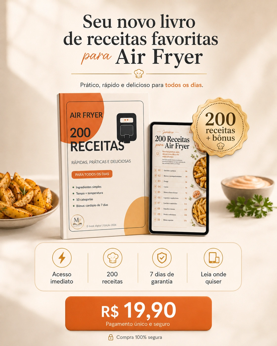 Apresentação da oferta do e-book 200 Receitas para Air Fryer