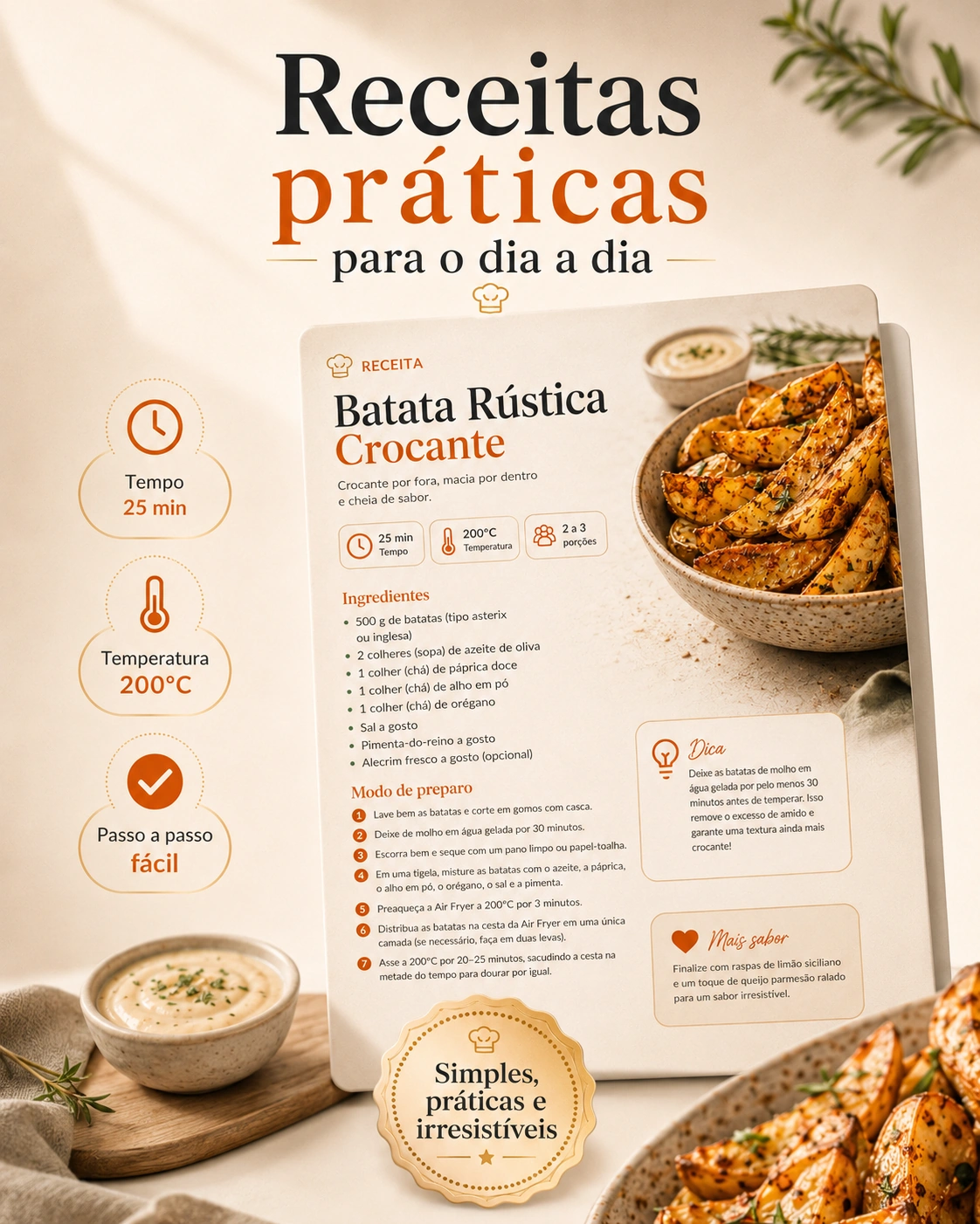 Apresentação visual de uma receita com tempo, temperatura, ingredientes e preparo